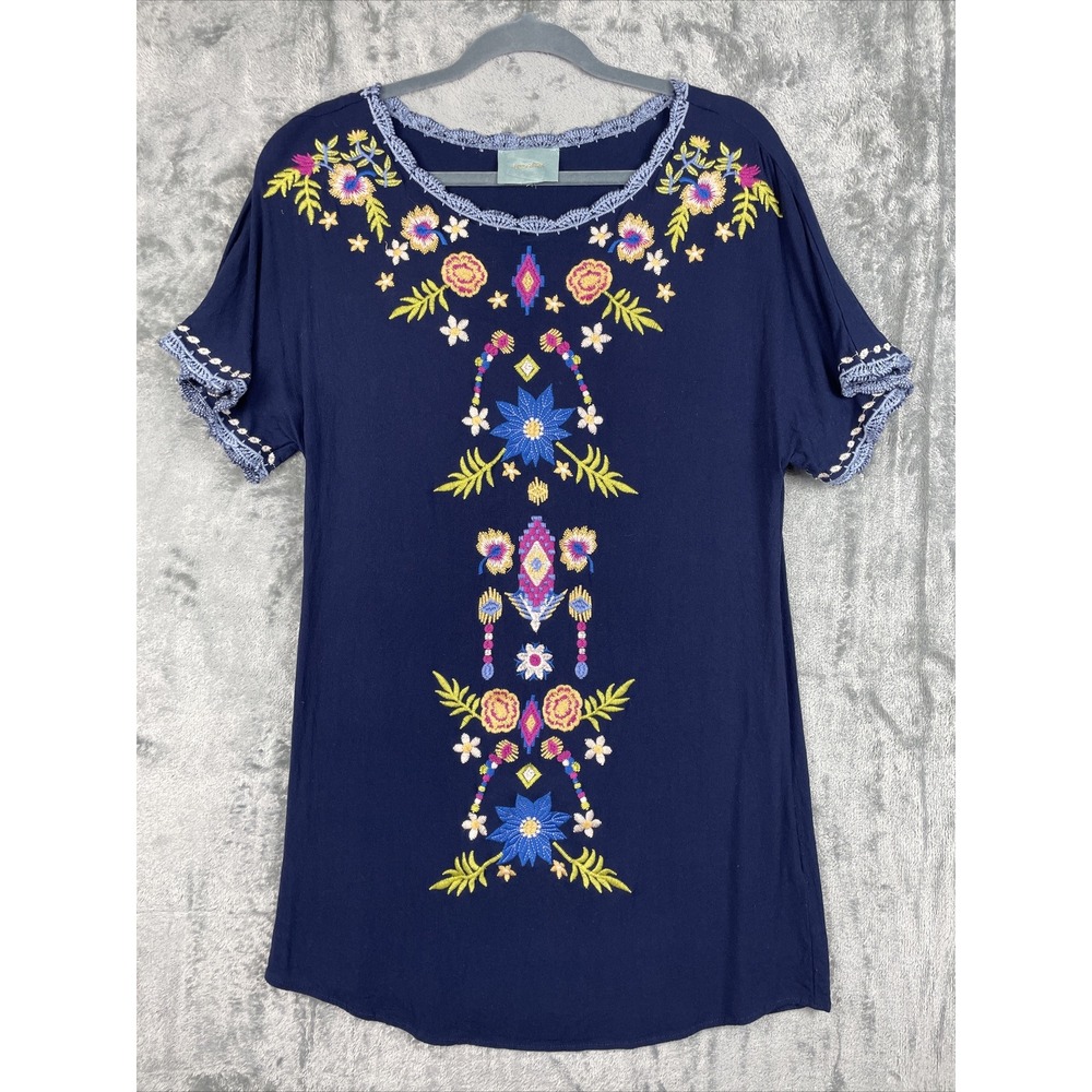 Skies Are Blue Dress Small Blue Embroidered Floral Boho Beachy Coastal Hippie
